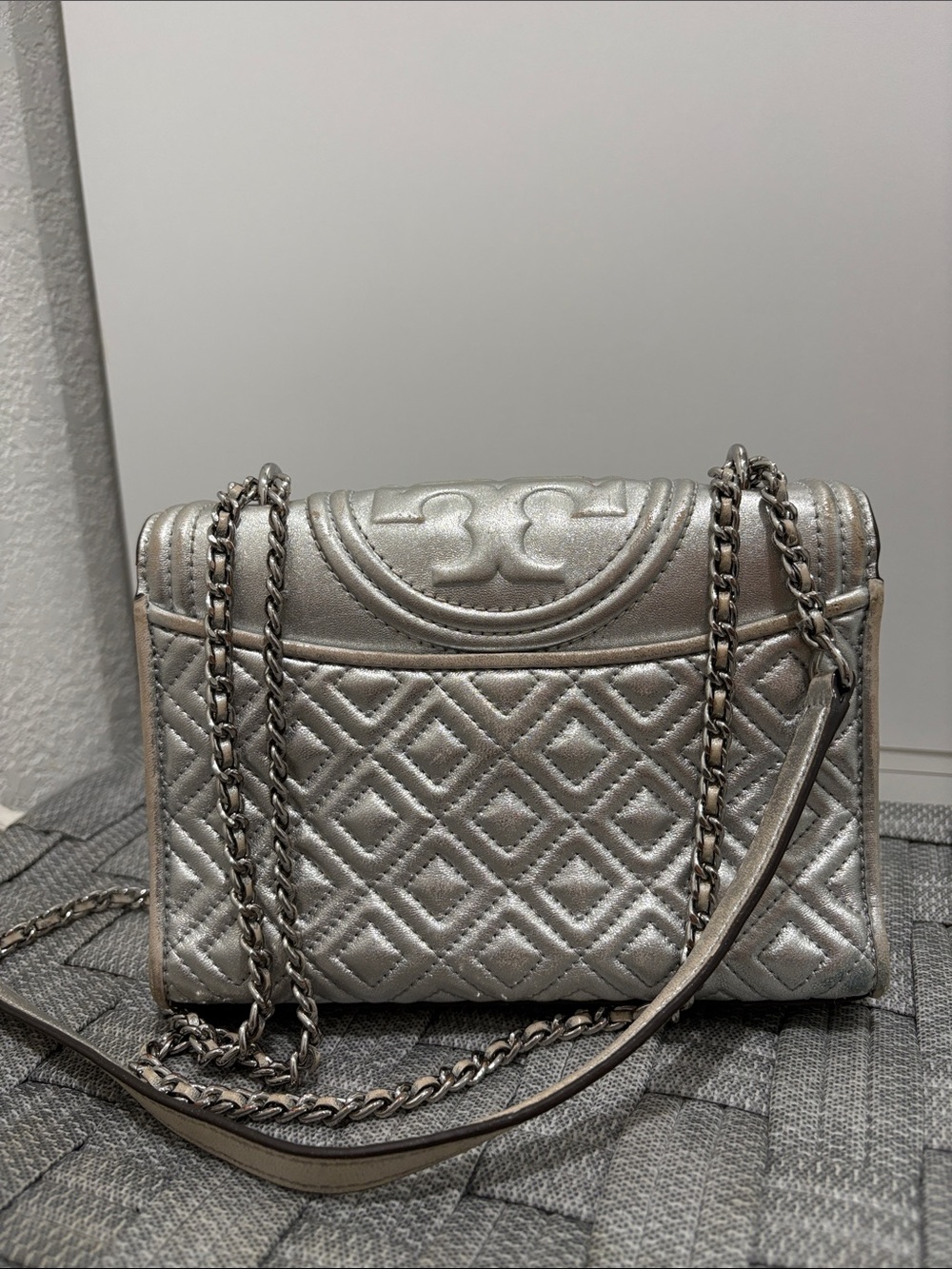 Tory Burch Quilted Metallic Silver Chain Shoulder Bag